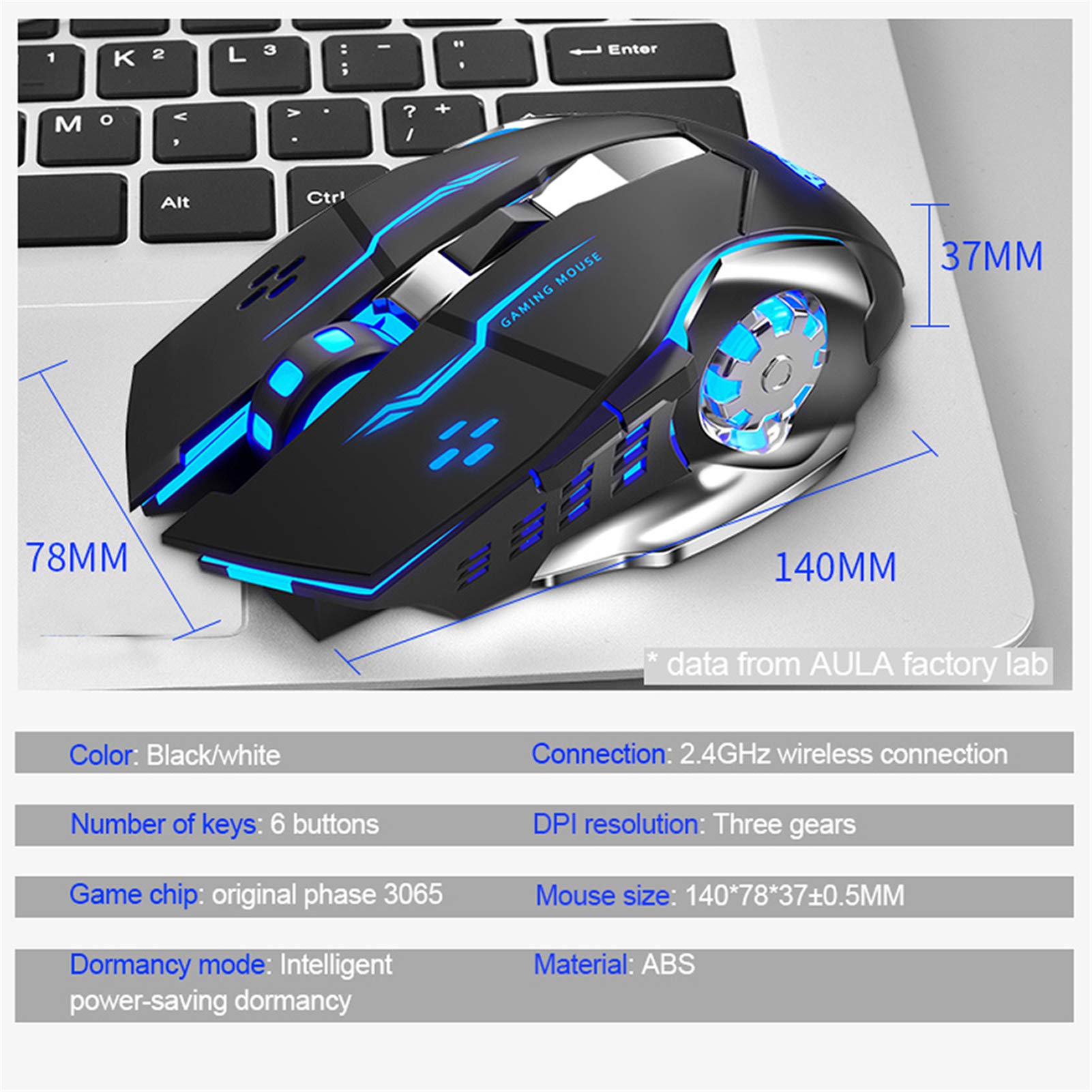 AULA SC100 Silent Wireless Gaming Mouse Rechargeable, with Side Buttons, LED Backlit, DPI Adjustable, 2.4G Wireless Optical Computer Mice Punk Cool Mouse for Games/Work (Black)