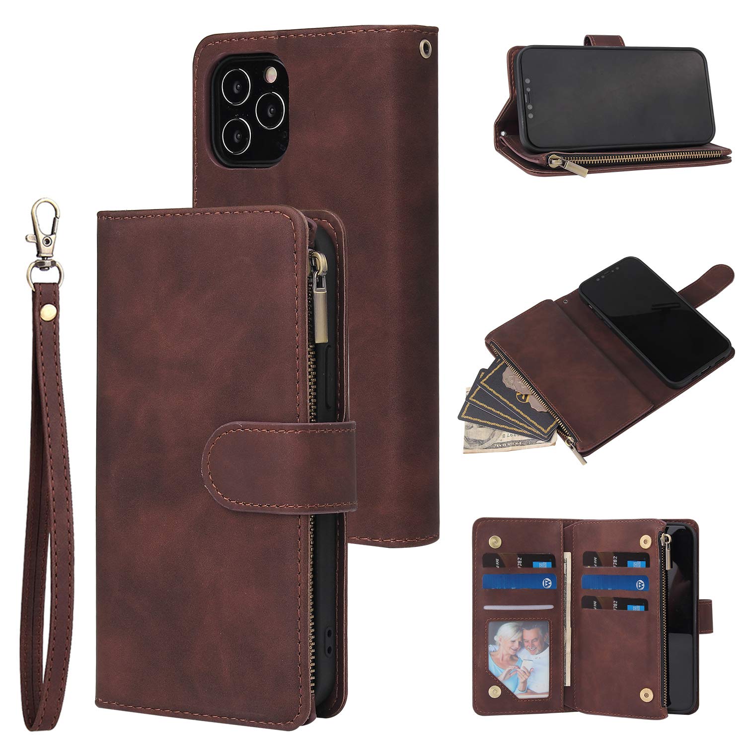 UEEBAI Wallet Case for iPhone 12 iPhone 12 Pro 6.1 inch, Premium Glitter PU Leather Case Magnetic Closure Bling Handbag Zipper Pocket Case Kickstand Card Holder Slots Shockproof Flip Cover - Coffee