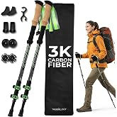 Trekology 3K Carbon Fiber Trekking Poles (210g) - Pair of Ultralight Hiking Poles with Cork Grips, Collapsible Telescopic Walking Sticks, Metal Flip-Locks &amp; 10pc All-Terrain Accessory Kit