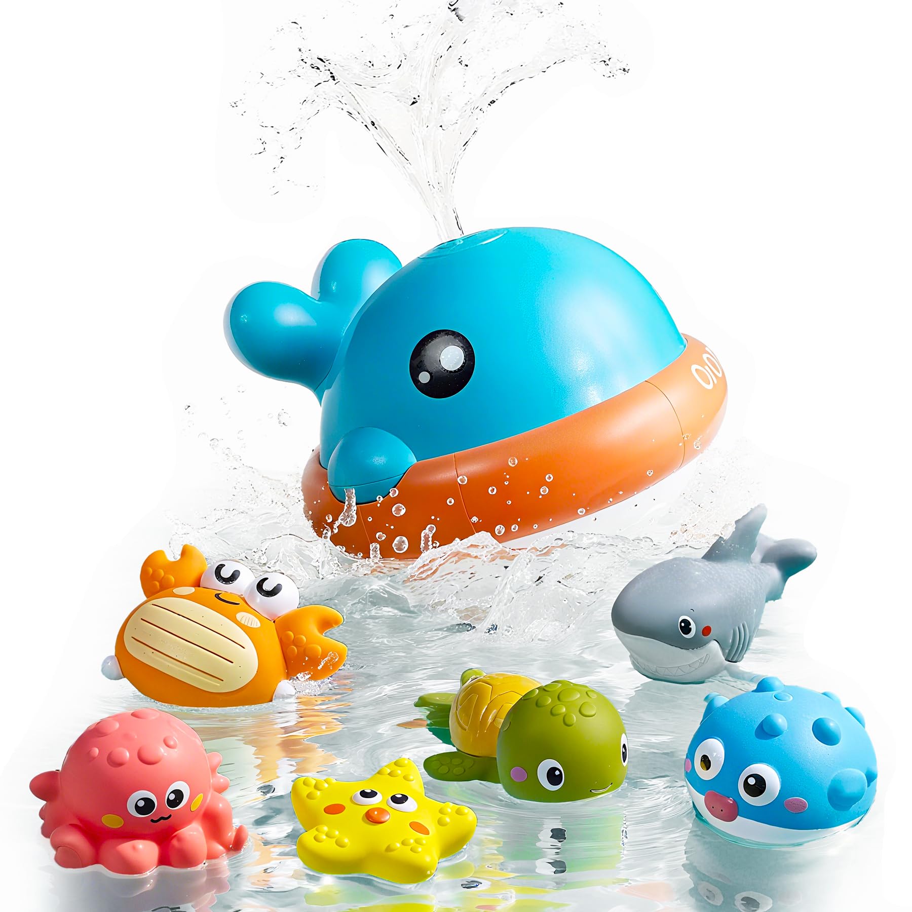 OR OR TU Baby Bath Toys Whale Sprinkler, Light Up Bath Toys with 6PCS No Hole Floating Animals, Bathtub Toys Age 18 Months Baby Toddler Shower Swimming Toys