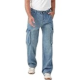 FREDD MARSHALL Cargo Jeans for Mens Relaxed Fit Straight Leg Fashion Work Denim with 6 Pockets