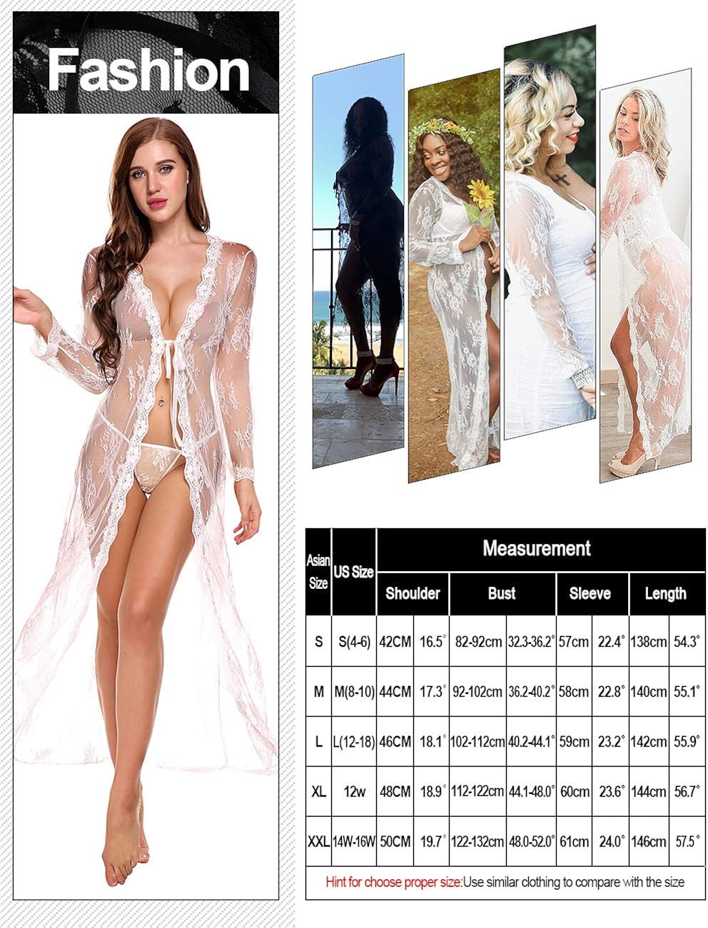 Lingerie for Women Sexy Long Lace Dress Sheer Gown See Through Kimono Robe: Clothing