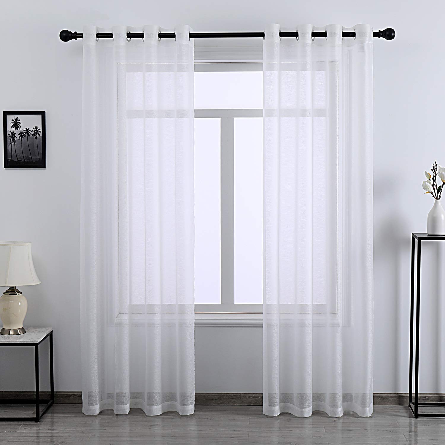 DONREN 72 Inches Long White Voile Curtains for Living Room Set of 2 Solid Textured Sheer Panels with Ring Top