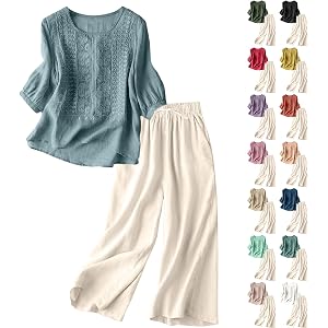 Two Piece Linen Sets for Women Summer Crew Neck 3/4 Sleeve Embroidered Tops Wide Leg Linen Pants Set Gauze Lounge Set