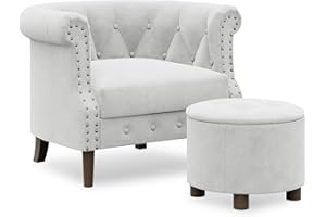 MALOL Accent Barrel Chair and Storage Ottoman Set, Modern Fabric Accent Chair with Solid Wood Legs, Comfy Soft Armchair and Footstool for Living Room, Bedroom, Reception Room, Office, LightGrey