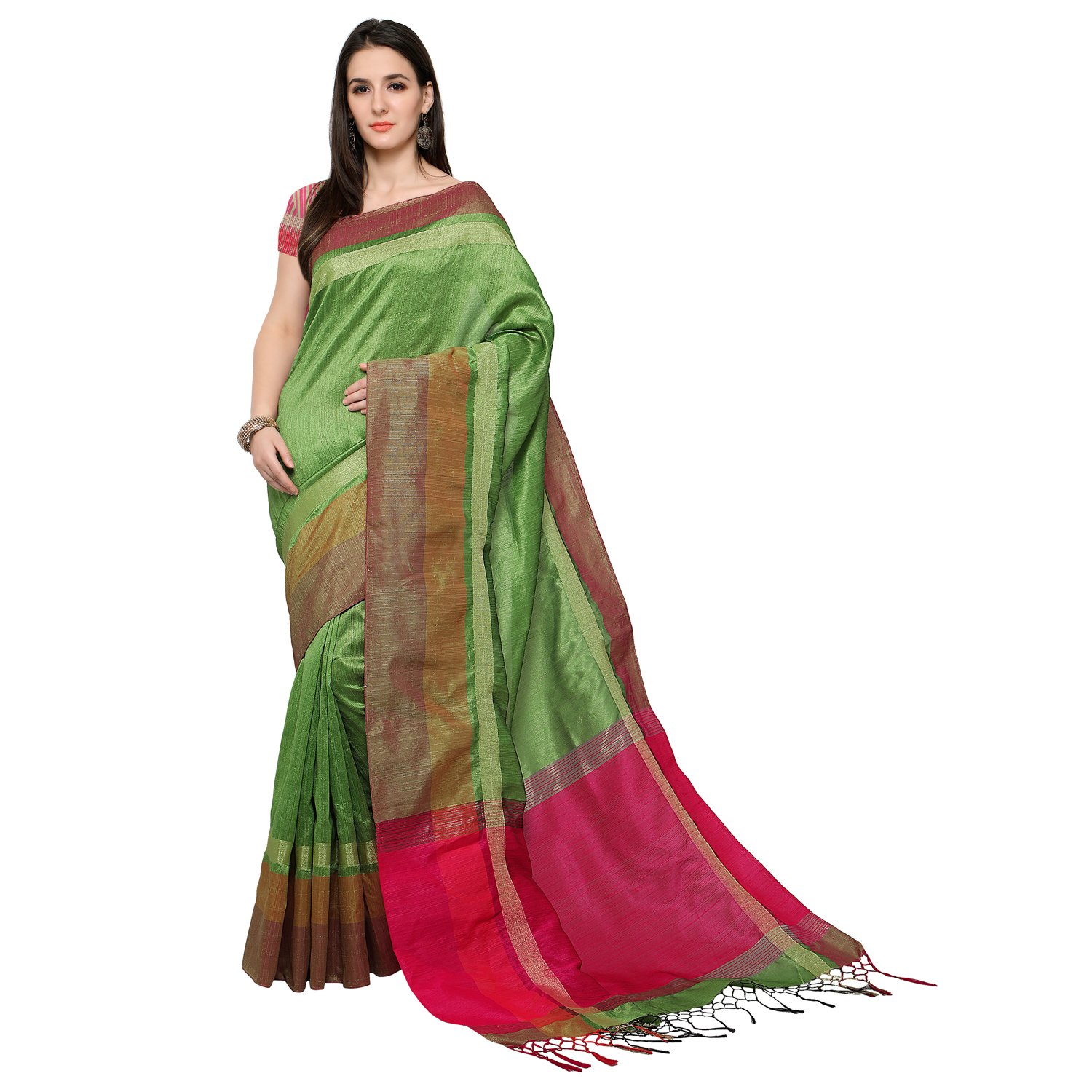 women's tassar silk traditional saree unstitched blouse design (bahubali p green_perrot green)