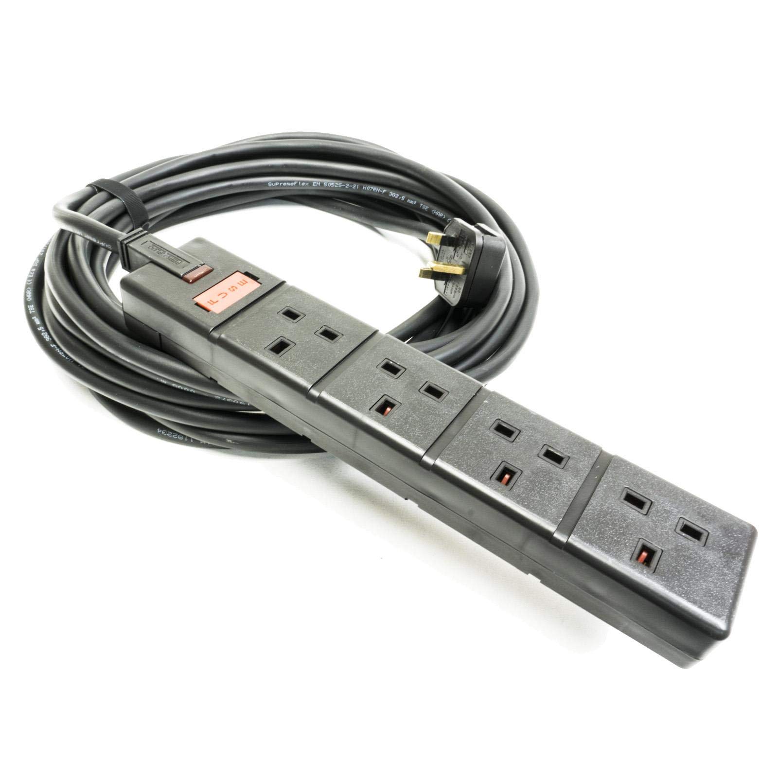 2m TOUGH H07RN-F Rubber Mains cable. Uk Plug to 4 Gang Socket, Black. Permaplug. 13amp