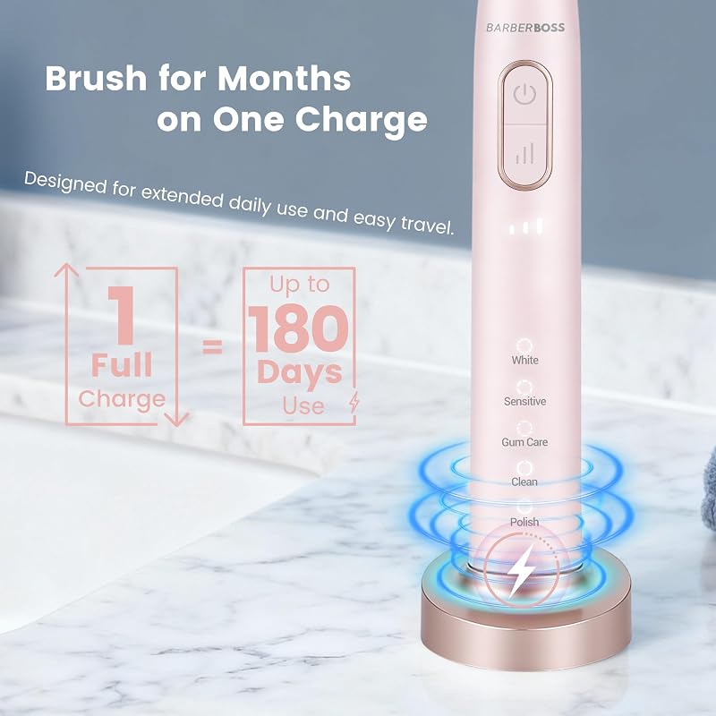 Spazzolino elettrico sonico per adulti, spazzolino ricaricabile rosa con base di ricarica USB, 5 modalità di pulizia × 3 intensità, timer intelligente da 2 minuti, 6 testine, QR-7303