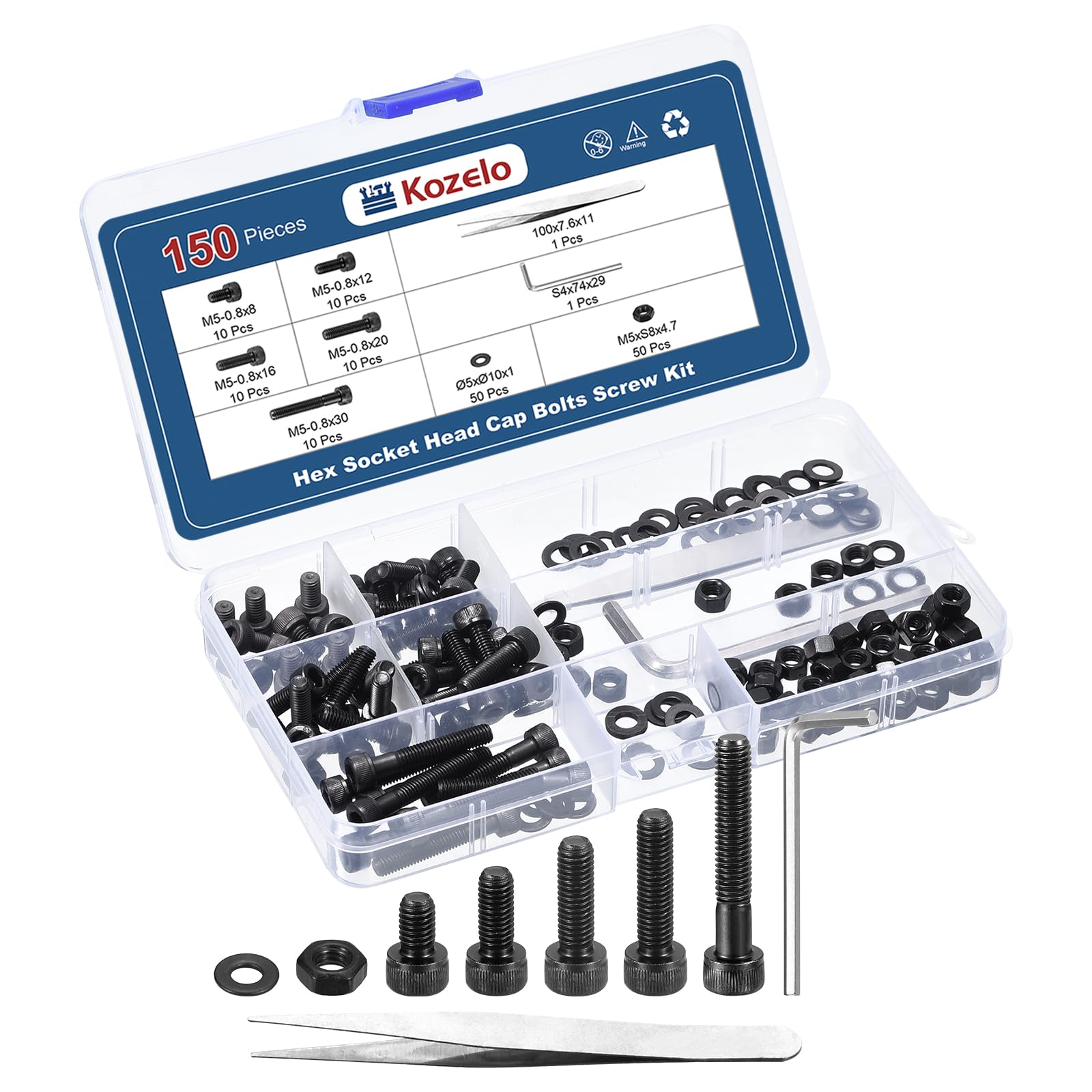 Kozelo 150pcs M5 Socket Head Cap Screws Bolts Nuts Assortment Kit - [M5x8/12/16/20/30mm] Alloy Steel Fully Threaded Black Oxide 12.9 Internal Hex Screw for 3D Printer Use, with Wrench