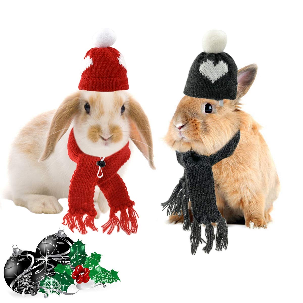 CooShou Small Animals Holiday Christmas Hat Scarf Valentine's Day Pet Costume Set Christmas Woolen Hats Scarfs Small Animal Outfits for Hamster Guinea Pig Rabbit Bunny Chinchilla Hedgehog
