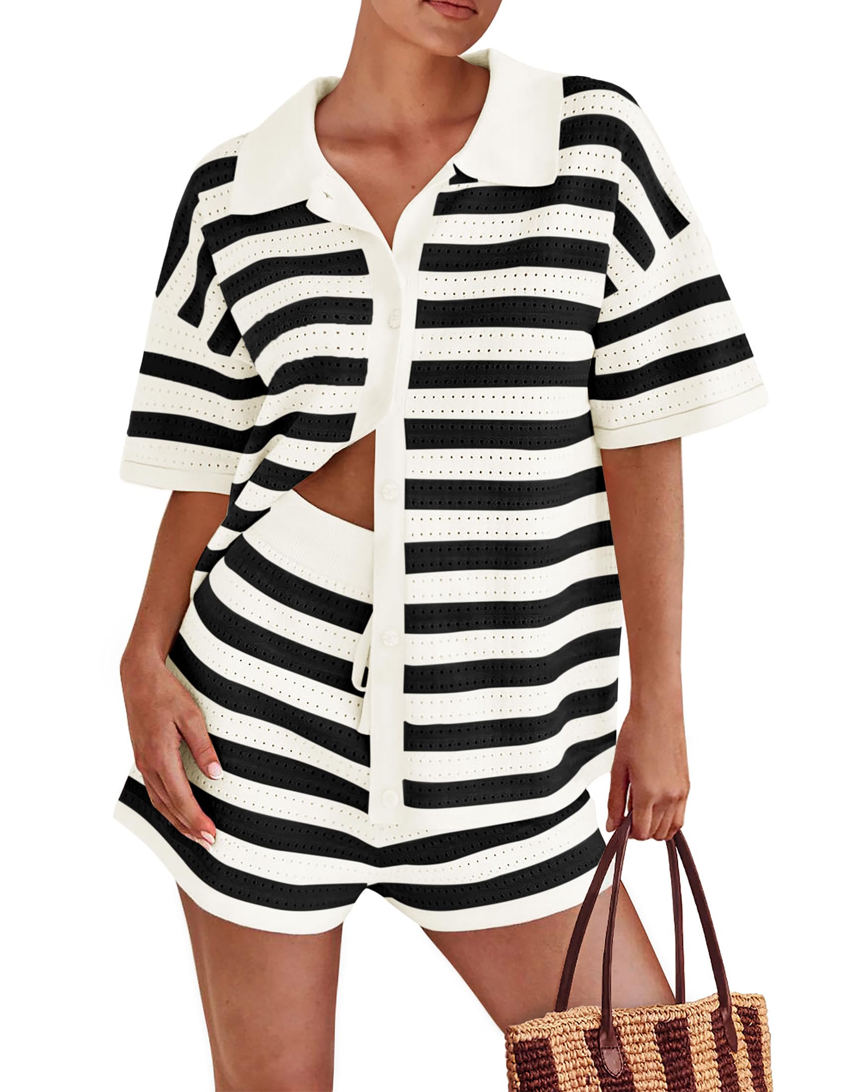 Photo 1 of PRETTYGARDEN Women's 2 Piece Shorts Sets Casual Summer 2025 Short Sleeve Striped Sweater Set Matching Beach Vacation Outfit (Black,Large)