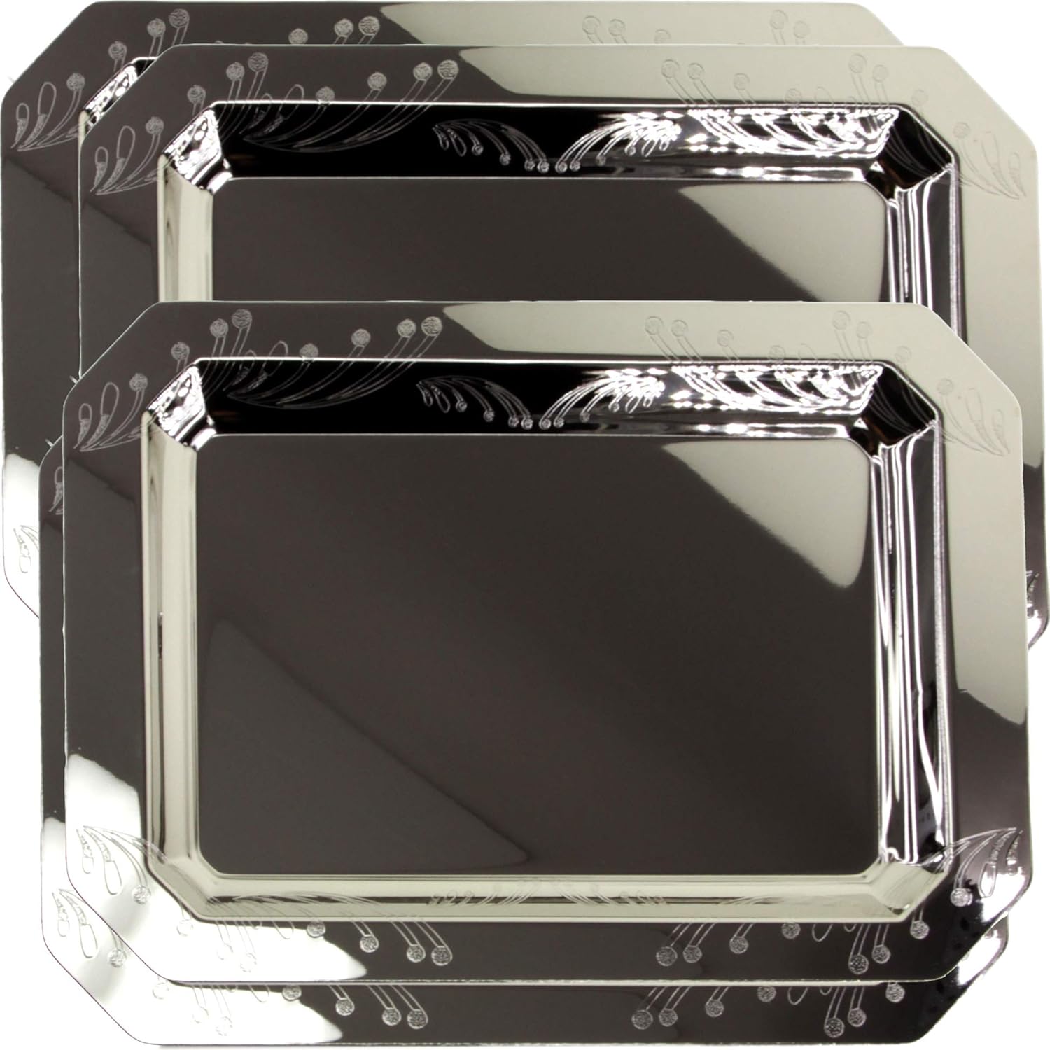 Maro Megastore (Pack of 4) 14 inch x 9.8 inch Octagonal Chrome Plated Serving Tray Stylish Design Floral Engraved Edge Decorative Party Birthday Wedding Dessert Buffet Wine Platter Plate CC-990