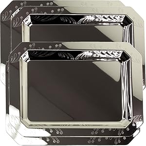 Maro Megastore (Pack of 4) 14 inch x 9.8 inch Octagonal Chrome Plated Serving Tray Stylish Design Floral Engraved Edge Decorative Party Birthday Wedding Dessert Buffet Wine Platter Plate CC-990