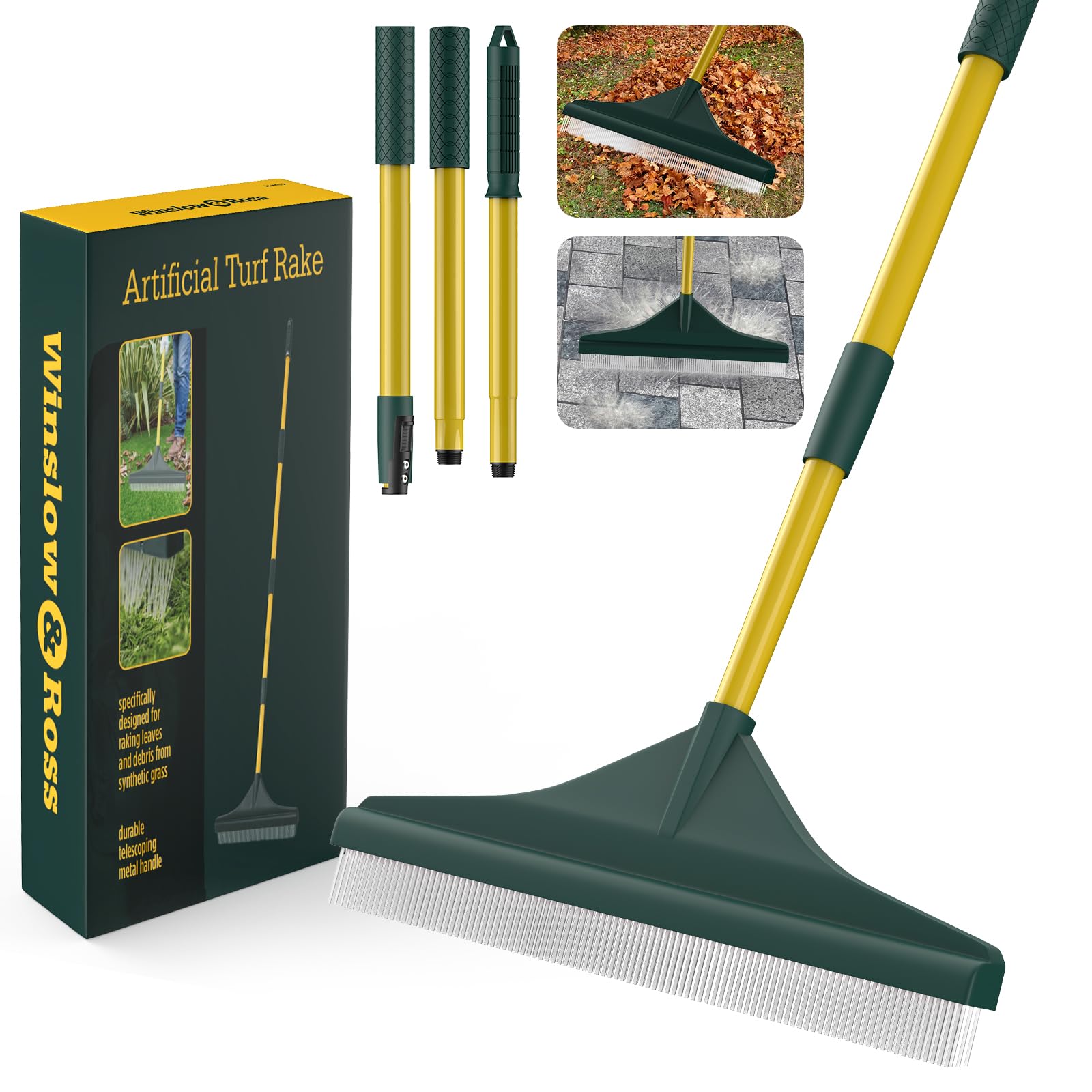 Photo 1 of Artificial Turf Rake with Steel Telescopic Handle, 32 to 55 Inch 3 Piece-Pole Easy Storage Design, Garden Hand Boom Rake for Artificial Grass, Carpet Pet Hair, Lawn Leaves and Debris Remove, Yellow
