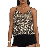 Women Sparkly Sequin Tank Top Y2k Beaded Sheer Cami Mesh Party V-Neck Rave Top