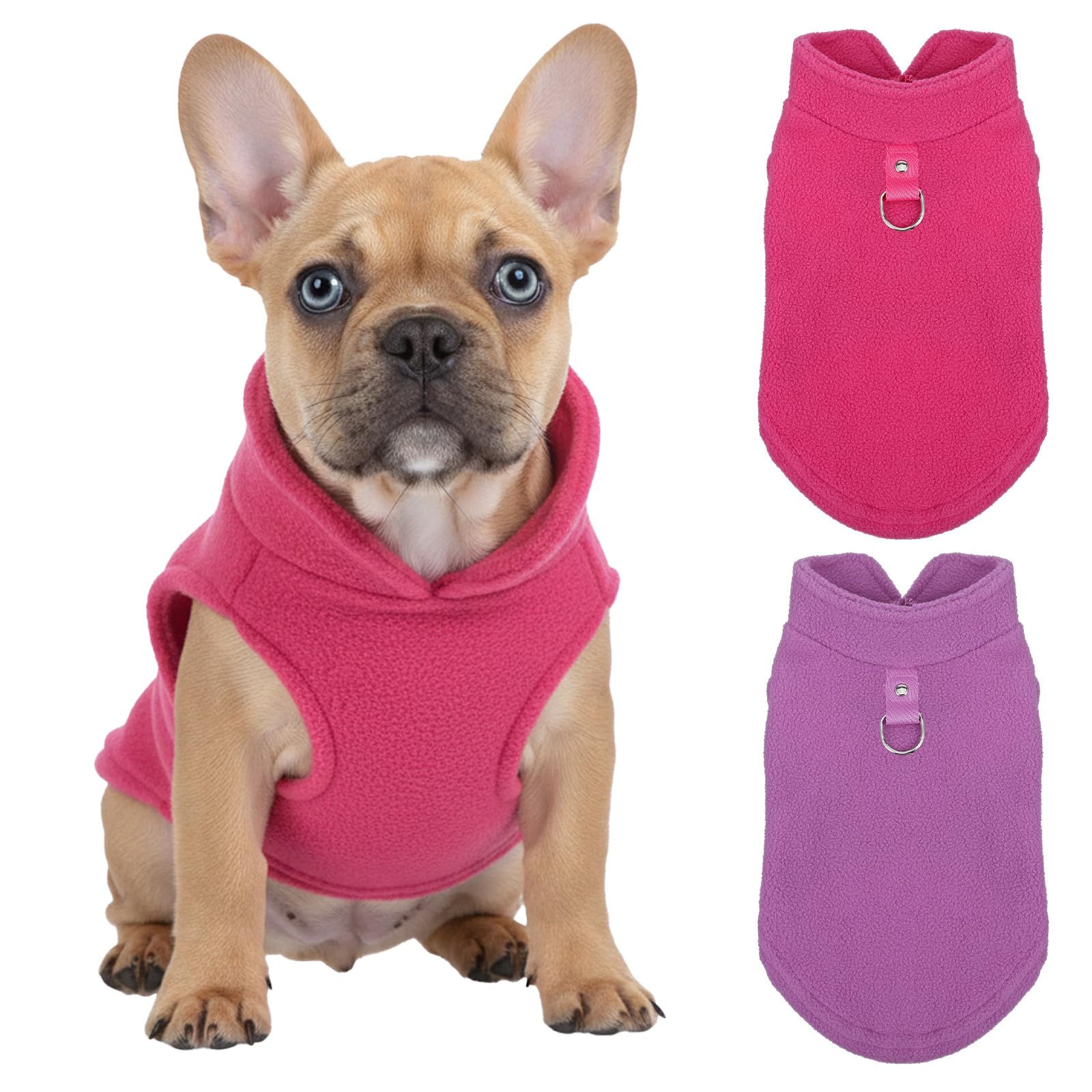 Photo 1 of 2 Pack Dog Sweaters for Small Dogs with D-Ring, Cozy Fleece Pet Clothes, Warm Cat Fleece Sweater, Dogs Clothes for Chihuahua, French Bulldog, Dachshund, Purple and Pink Cat Sweater (Size S)