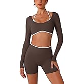 ABOCIW Workout Sets for Women 2 Piece Seamless Color Block Long Sleeve Crop Top Scrunch Butt High Waist Shorts Gym Set