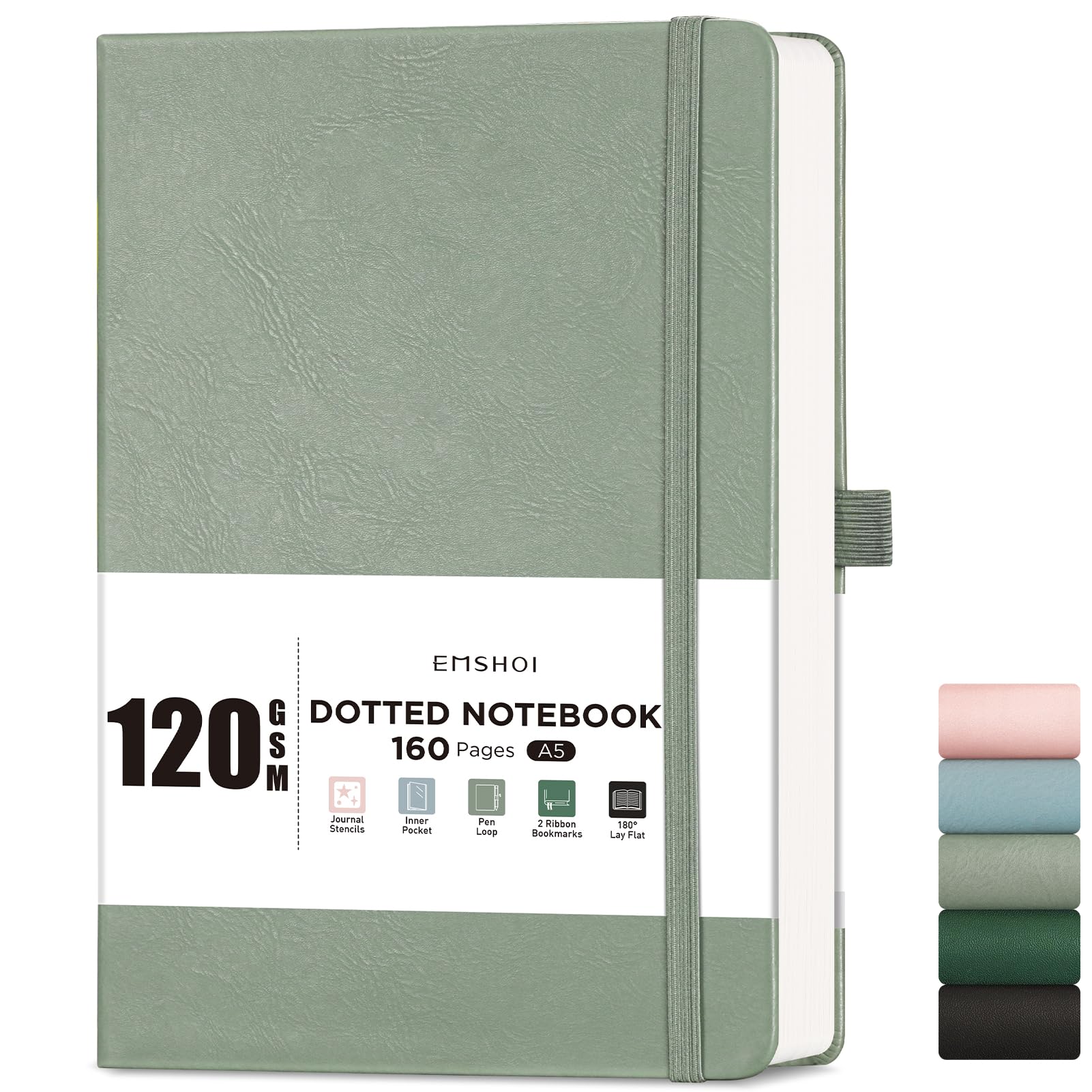 EMSHOI A5 Notebook Dotted Journal - 120gsm Thick Paper, Hardcover Leather Dot Grid Notebook for Bullet Journaling with 160 Pages, Journal Stencils, Inner Pocket, 21 x 14.5 cm, Light Green