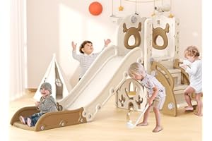 YUFU 7 in 1 Kids Slide for Toddlers, Toddler Slide Playset with Golf, Climber, Basketball Hoop and Ball, Indoor Outdoor Toddler Playground for Kids Age 1-3 (Brown)