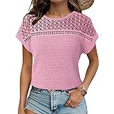 Dokotoo Women's Tops Casual Scoop Neck Short Sleeve Waffle Knit Hollow Out Shirts Loose Tunic Tops Blouses