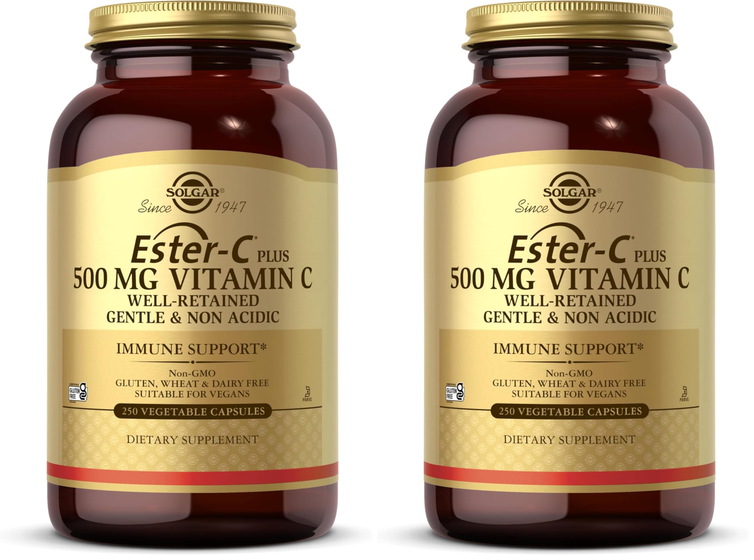 Solgar Ester-C Plus 500 mg Vitamin C (Ascorbate Complex),250 Vegetable Capsules - Gentle & Non Acidic - Antioxidant & Immune Support - Non GMO,Vegan,Gluten Free,Kosher - 250 Servings,(Pack of 2) Image