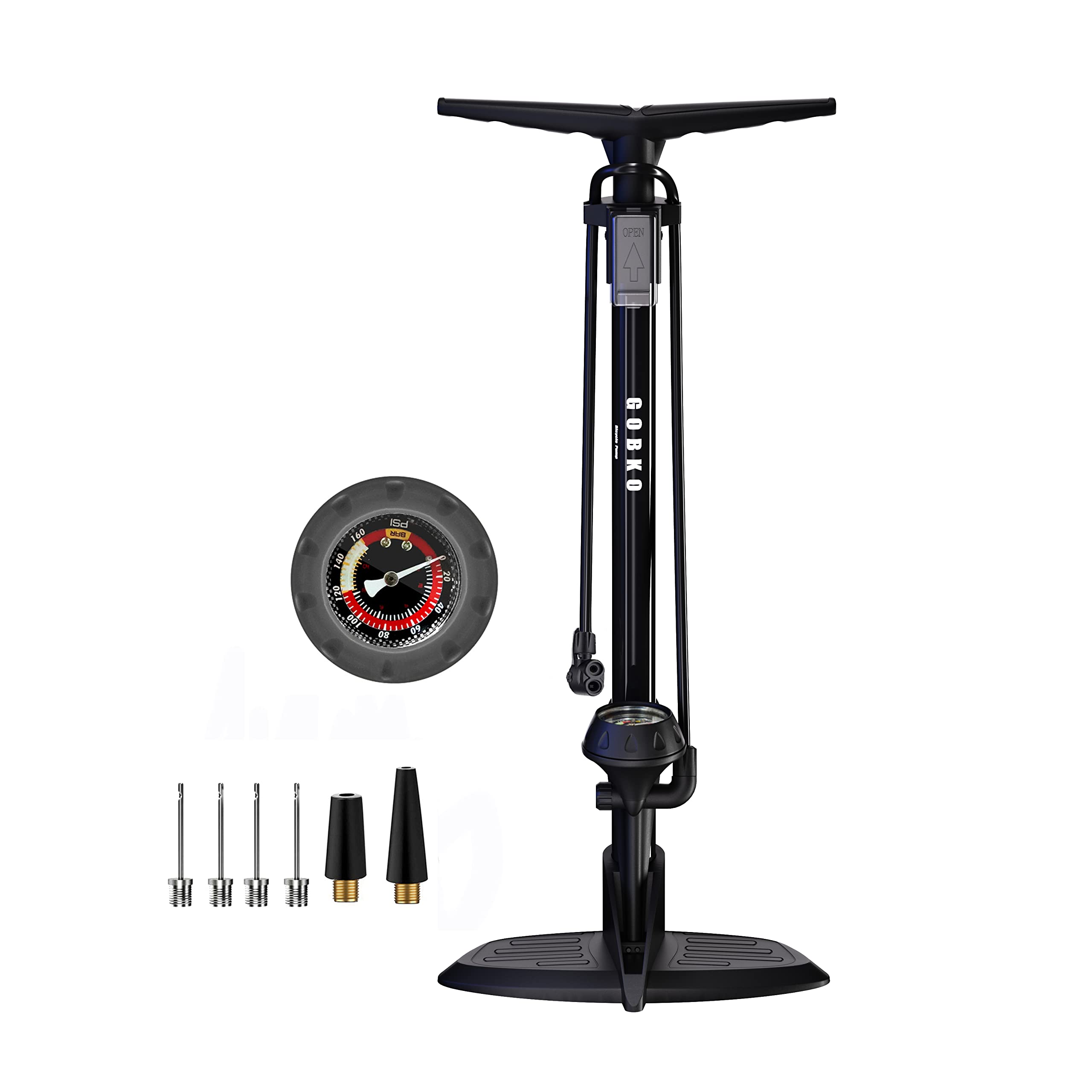 GOBKO Bike Pump Bicycle Floor Pump with Gauge, Bicycle Pumps with Presta and Schrader tire Pump multifunctional Air Pump for Road Bike MTB Sports Balls Pump High Pressure 160Psi &11Bar