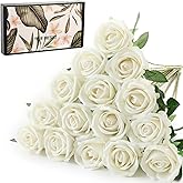 Cloudecor 15Pcs Pearl White Roses Artificial Flowers Fake Roses Long Stem Velet Rose Silk Flowers for Home Wedding Decoration (Pearl Roses,White)
