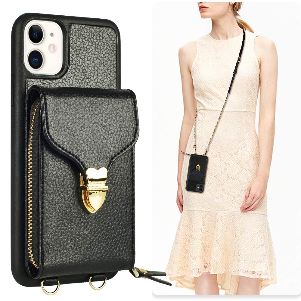 iPhone 11 Wallet case, JLFCH iPhone 11 Crossbody Case with Zipper Card Slot Holder Wrist Strap Shoulder Chain Leathe Handbag Purse Cover for Apple iPhone 11 6.1 inch 2019 - Black