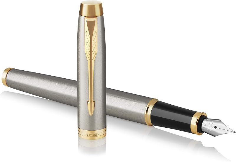 Parker IM Fountain Pen Brushed Metal Fine Nib with Blue Ink Refill Gift Box