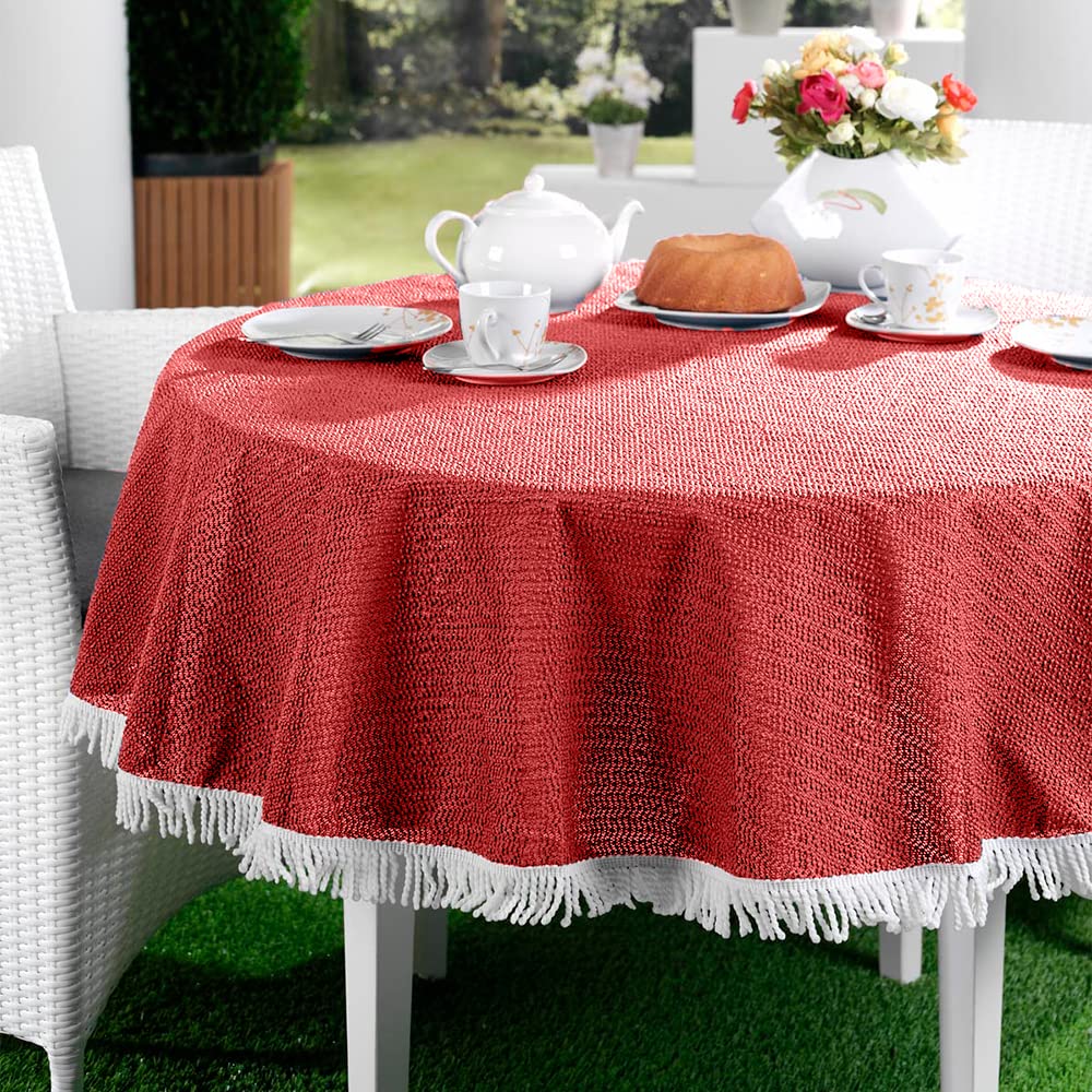 EMHELLE Garden Tablecloth Garden Balcony Patio Tablecloth Camping Picnic Round Oval Square Outdoor and Indoor Non-Slip Surface with White Fringes (160 cm Round, Red)