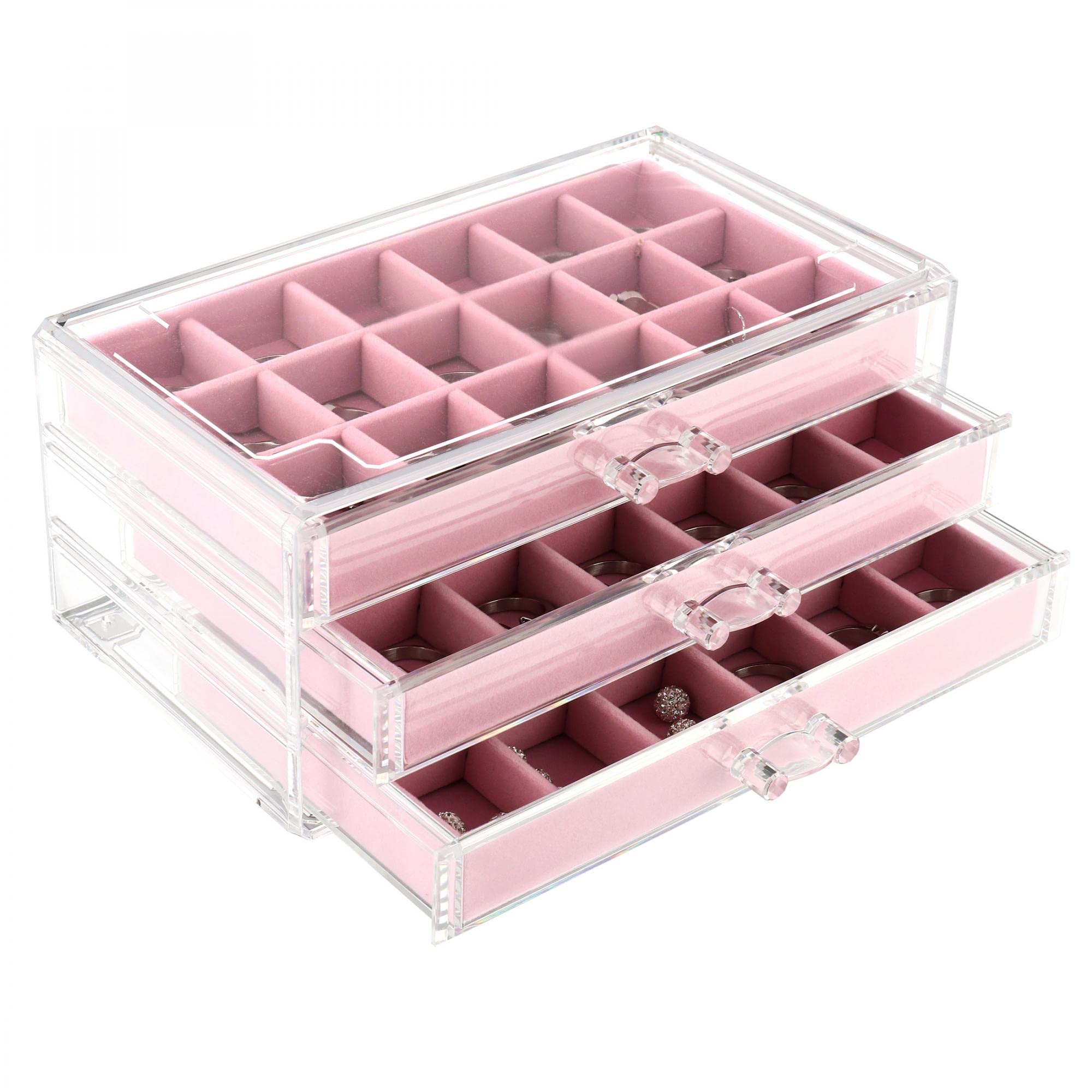 Gelory Jewellery Box for Women with 3 Drawers,Velvet Jewellery Organiser Gifts for Rings, Bracelets, Necklaces, Brooches, Earrings (Pink)
