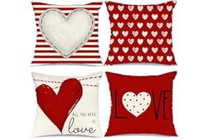 GEEORY Valentines Day Pillow Covers 18X18 inch Set of 4 for Valentines Decor Red White Stripes Dots Love Heart Valentines Day Throw Pillows Decorative Cushion Cases Valentine Decorations