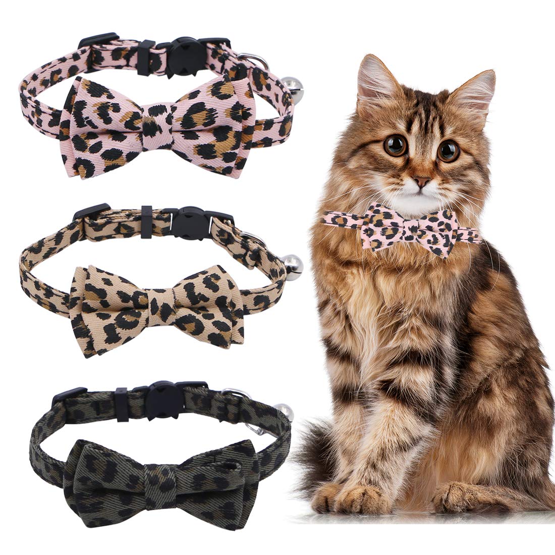 Boerni 3 Pack Cat Collars, Cute Kitten Collars, Pet Bow Tie, Leopard Print Cat Collars, Adjustable Cat Bow Tie Collars with Bells