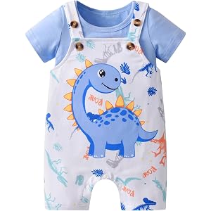 Velopvice Infant Baby Boy Summer Clothes Short Sleeve Solid Color T-Shirt Cartoon Dinosaur Print Suspender Shorts Outfit Set