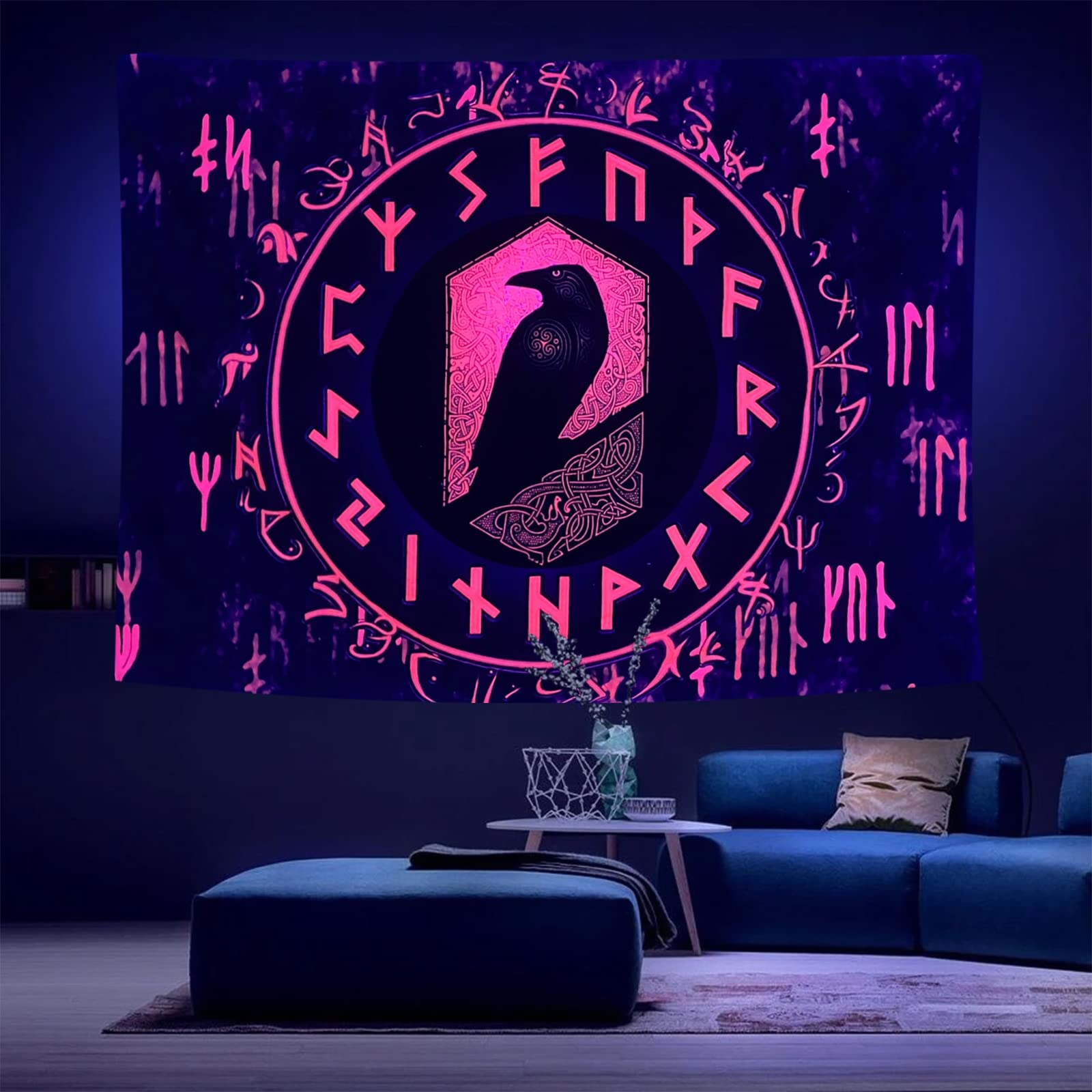 Arsey Norse Viking Tapestry Wall Hanging, Red Blacklight Tapestry UV Reactive Raven Meditation Runes Tapestries Aesthetic for Bedroom Room Decor, 200 x 150cm
