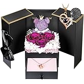 ADDWel Valentine's Day Romantic Gifts - Preserved Real Purple Roses with I Love You Necklace & Cute Moss Bear, Unique Forever Flower Gift for Wife, Girlfriend, Mom, Grandma on Anniversary, Birthday