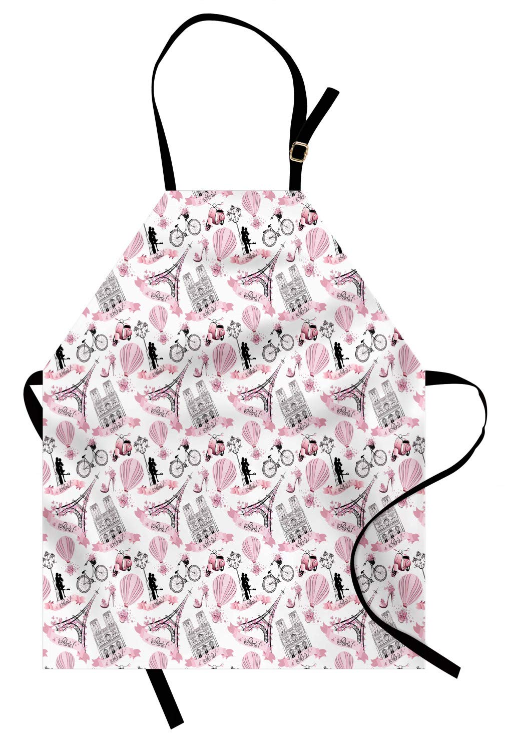 ABAKUHAUS Eiffel Apron, Love in The City Paris French Bridal Composition Romantic Travel Pink Blossoms, Unisex Kitchen Bib Apron with Adjustable Neck for Cooking Baking Gardening, Rose Black White
