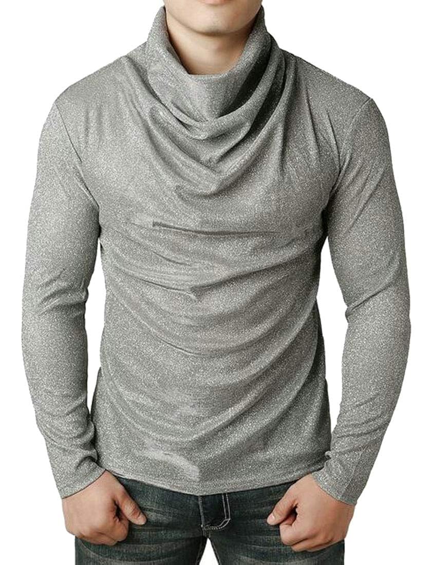 Sweatwater Men Long Sleeve Shiny Stylish Pullover Cowl Neck Clubwear Tops T-Shirt