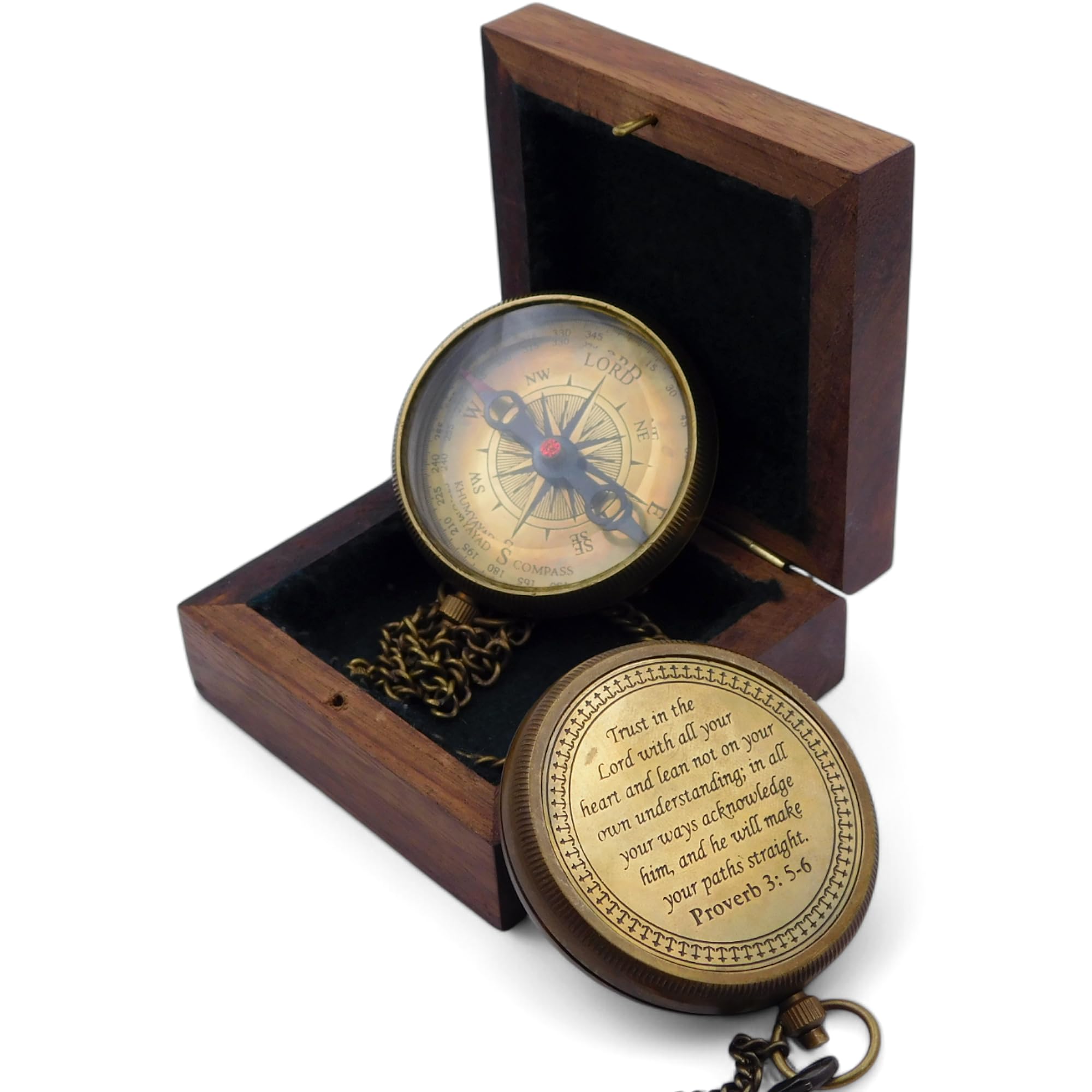 KHUMYAYAD Brass Compass Trust in the Lord | Sayings 3:5-6 Inspirational Christian Compass Camping Gift with Wooden Box