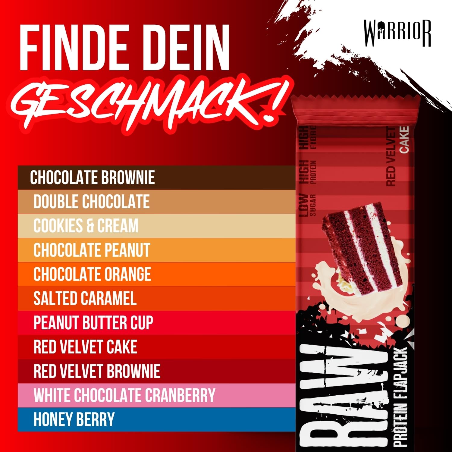 Warrior Raw Proteinriegel 12 x 75 g – Ballaststoffreicher Haferriegel mit Protein, High Protein Snack ohne Zucker, Natürlicher Haferflocken Riegel mit Präbiotika – Red Velvet Kuchen 6