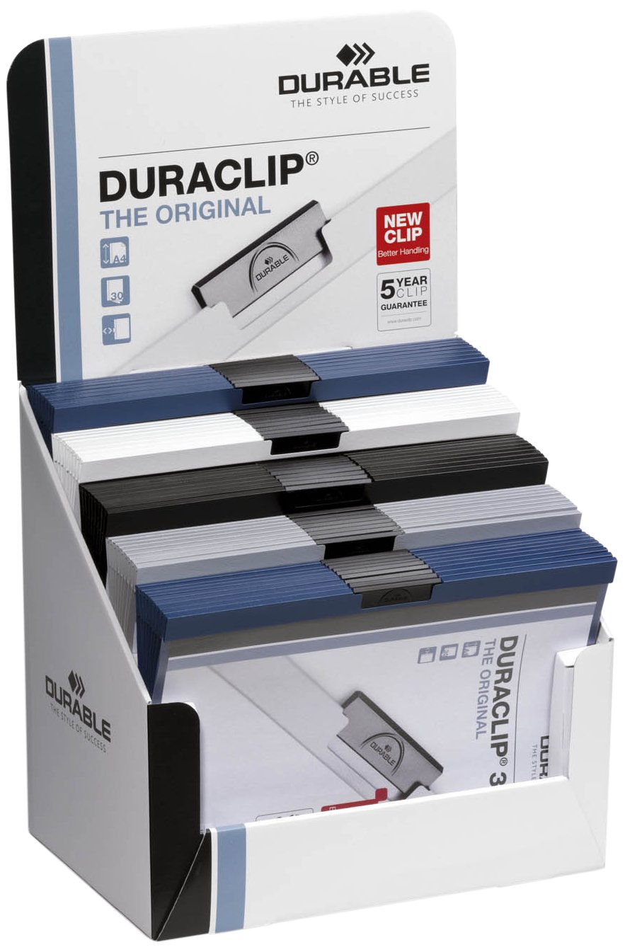 Durable DuraClip Counter Top MercHandiser with DuraClip Files - Assorted Colours (Pack of 50) Black/Blue/Grey/Red/White