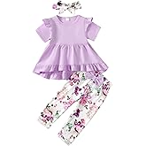 Kucnuzki Toddler Baby Girl Clothes Short Sleeve Ruffle Shirt Floral Pant Set 2 Piece Outfits For Girls Cute Clothing Set