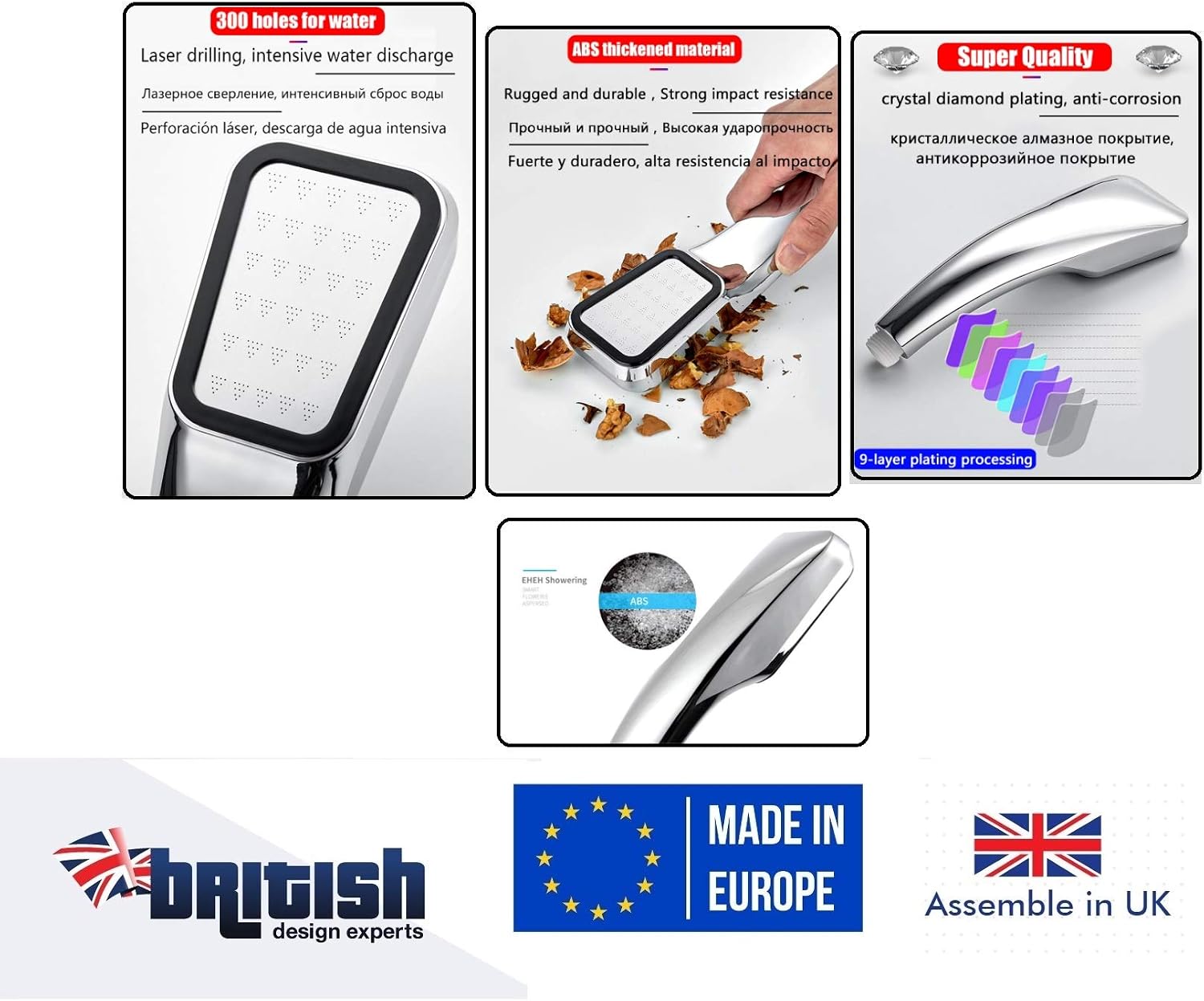 Square Slim Shower Head Rectangle 1 Mode Shower with Shower Hose 1.5 or 2m Slim High Pressure Shower Head Rainfall Hand Held Water Saving (UK Seller Buy Local 300 Handheld+59in Hose) - Image 3