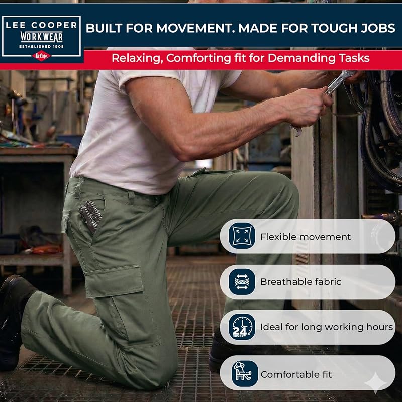 Pantalon Travail Homme Cargo 245 GSM – Workwear Résistant Multi Poches Entretien Facile, Pantalon Sécurité Coupe Droite Bouton Zip (kaki, 38W / 29L) — photo 3 sur 8
