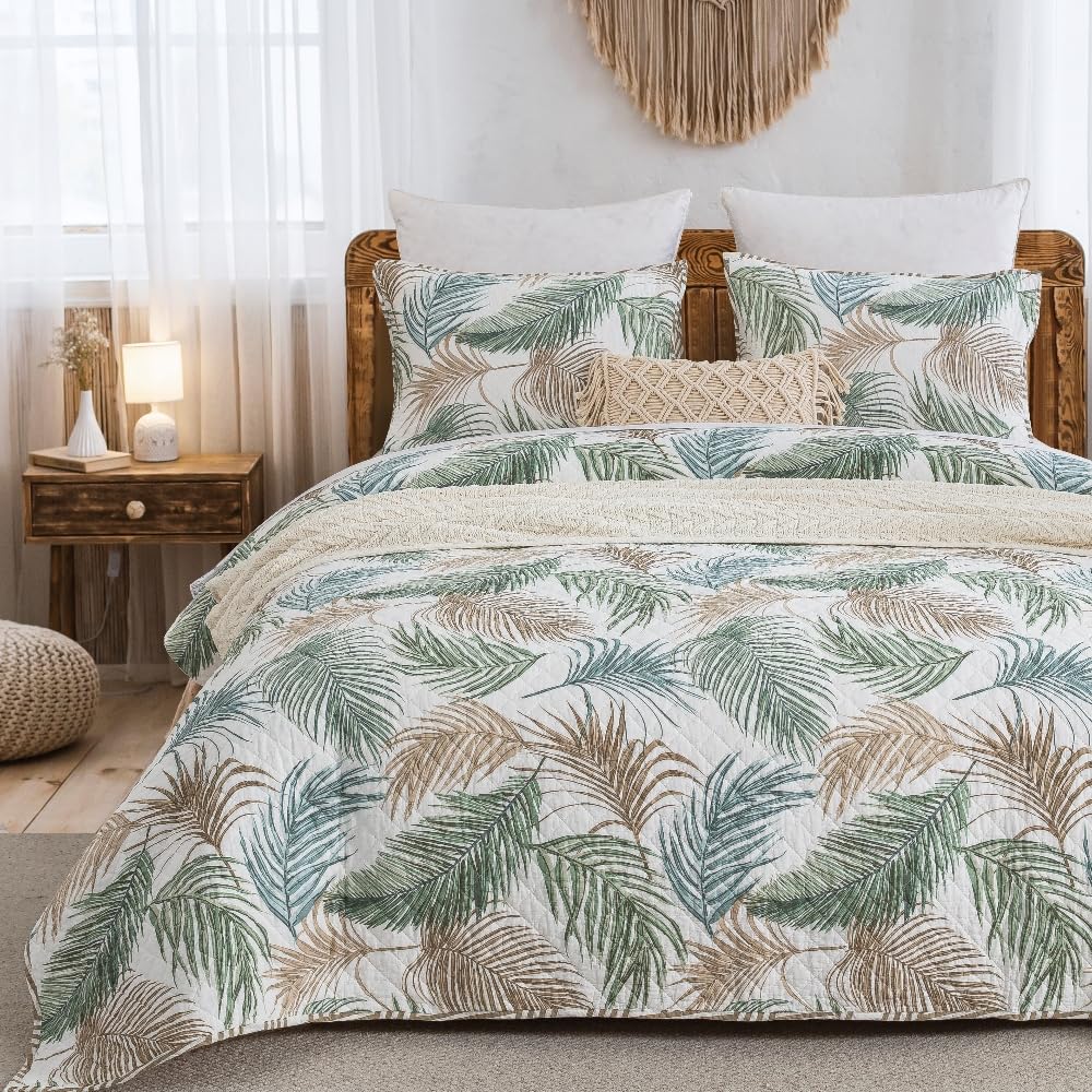 Photo 1 of DAUAOTO 100% Cotton Quilt Set Queen Size, Beachy Bohemian Printed Bed Coverlet Reversible Bedspread, Tropical Palm Pattern