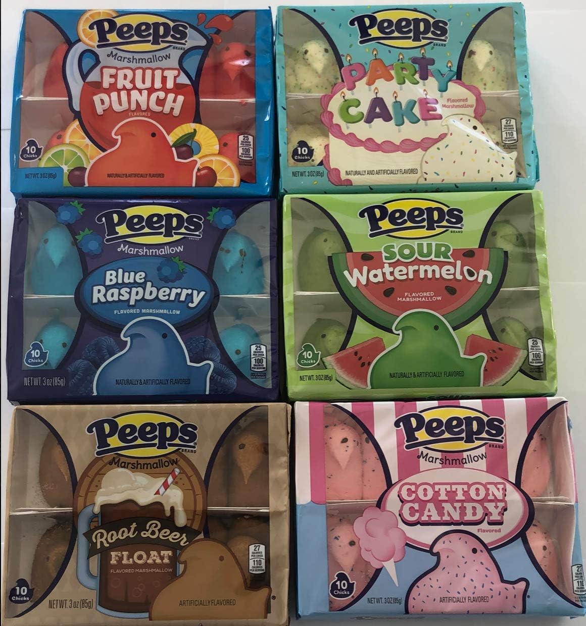 EASTER! Peeps Marshmallow Chicks Variety Pack of 6 Flavors - Root Beer, Fruit Punch, Cotton Candy, Party Cake, Sour Watermelon, and Blue Raspberry