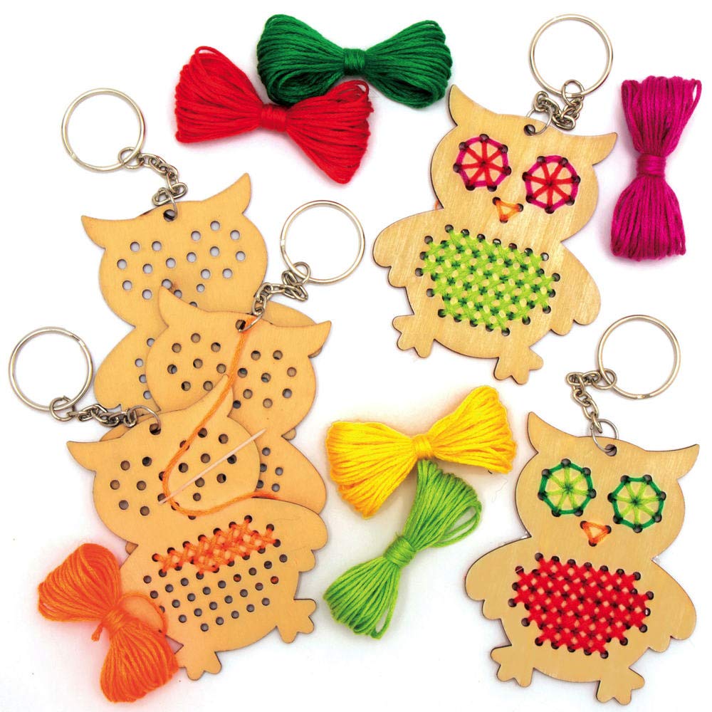 Baker Ross AX158 Owl Wooden Cross Stitch Keyring Kits - Pack of 5, Cross Stitch for Beginners and for Kids Arts and Crafts Projects