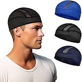 3 Pack Skull Caps for Men, Cooling Hat Sweat Liner, Breathable Under Helmet Skull Cap, Moisture Wicking Beanie for Cycling, Motorcycle, Workout, Fits Under Hard Hats