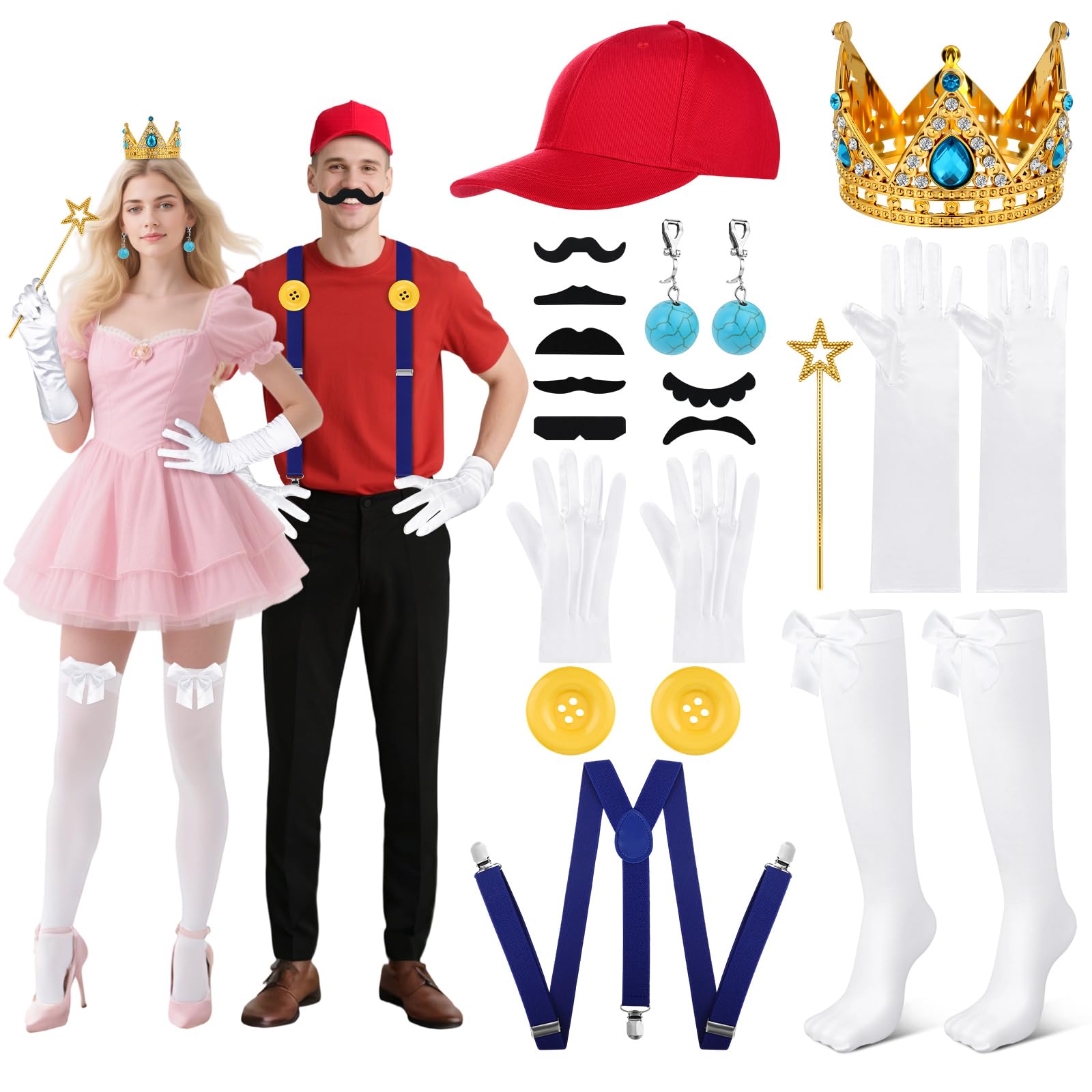 Photo 1 of 16 Pcs Halloween Couples Costumes Accessories Set for Adults, Funny Hats Gloves Mustaches Mini Gold Crown Wand and Earrings for Halloween Party Cosplay Couples Costumes