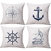 ULOVE LOVE YOURSELF Coastal Sailing Throw Pillow Case Blue Compass/Anchor/Sailboat/Navigation Pattern Ocean Theme Cushion Covers Nautical Beach Decorative Pillowcases 18×18 Inch,4Pack